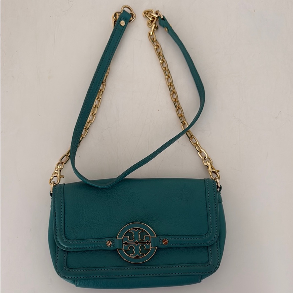 Tory Burch Green and Gold Crossbody Bag with Quilted Leather
